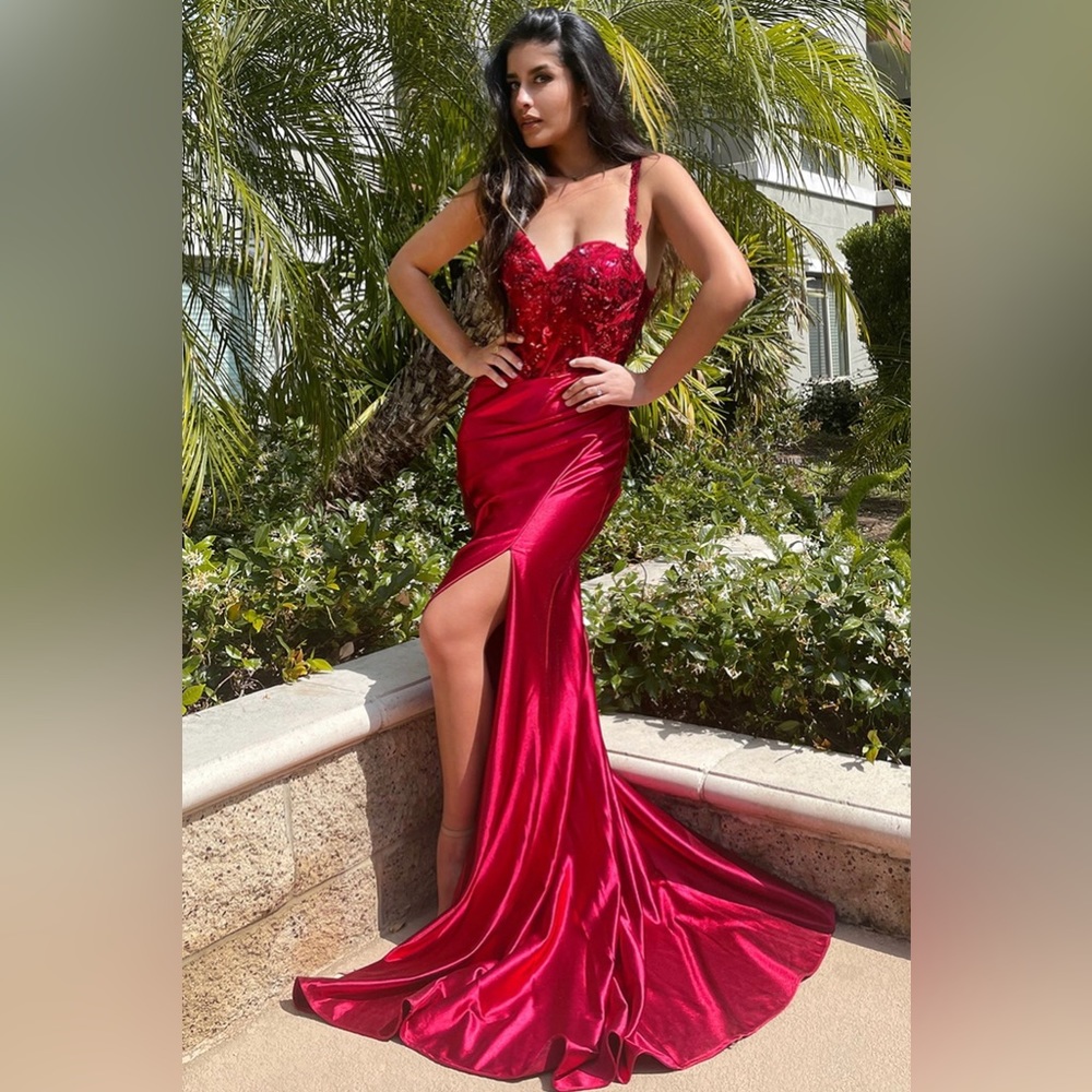 Red,Burgundy Lace+Satin Evening Dress